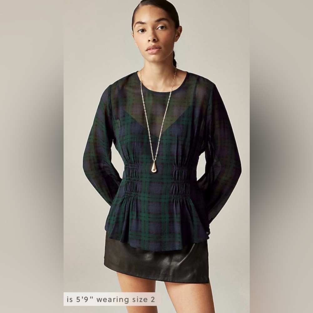 J.Crew Chiffon shirred-waist top in Black Watch tartan